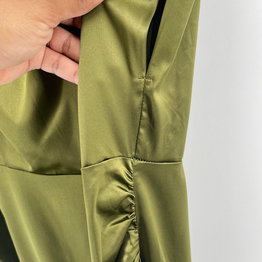 Olive Satin Draped Ruched Mini Dress XL Cowl Neck Cocktail Wedding Guest - Picture 14 of 15